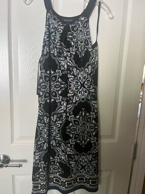 White House Black Market Black and White Printed Midi Dress with Blue Accents